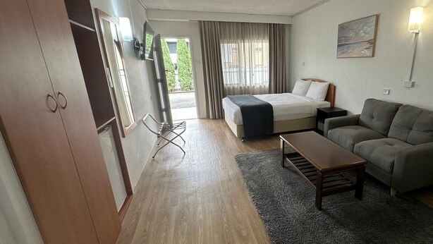 A hotel room with a bed, a sofa, a desk, a TV, and a wardrobe.