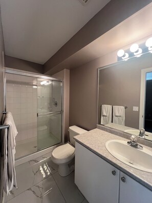 A bathroom with a glass-enclosed shower, a toilet, a sink with a mirror, and a towel rack. - Ocean Park 2BR Retreat South Surrey & Parking (Surrey)