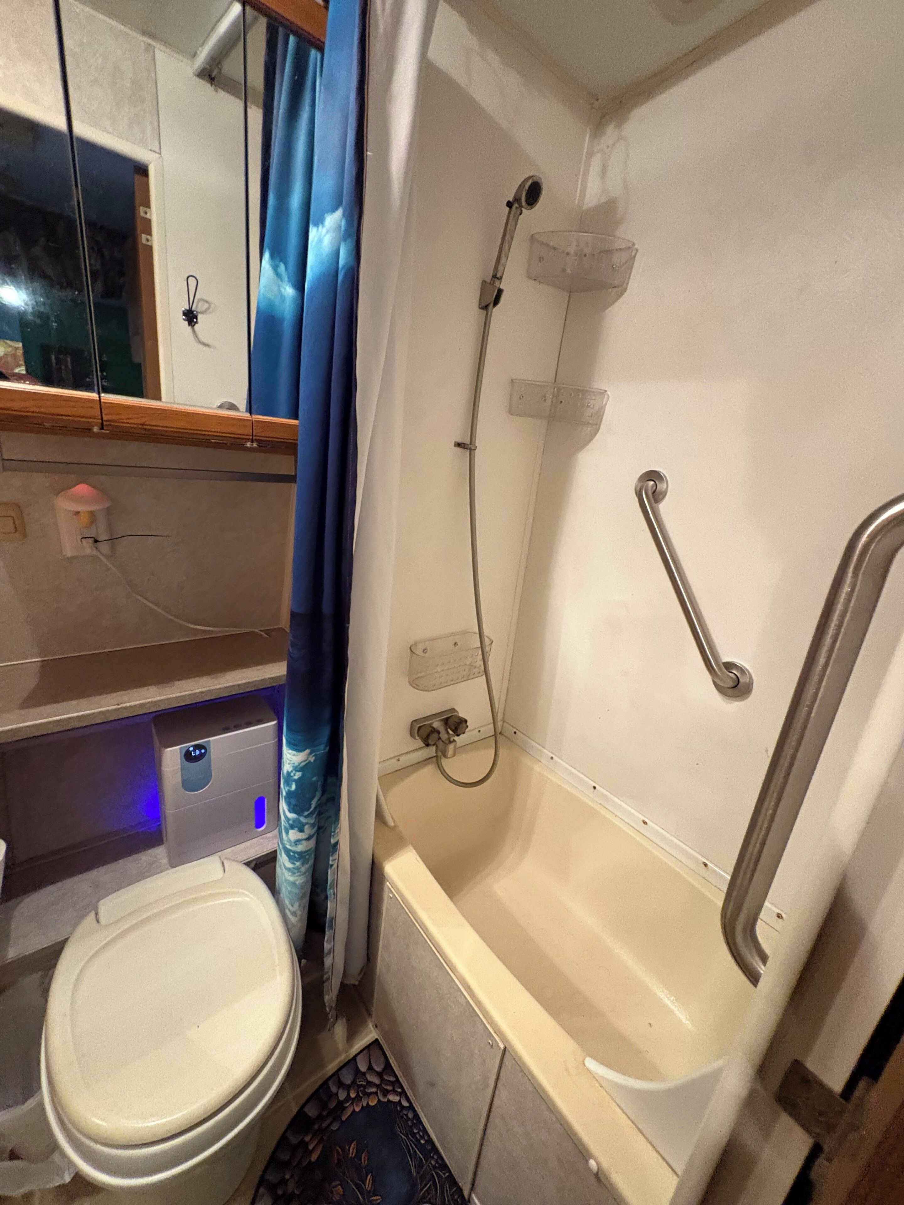 A bathroom with a toilet, shower, and bathtub.