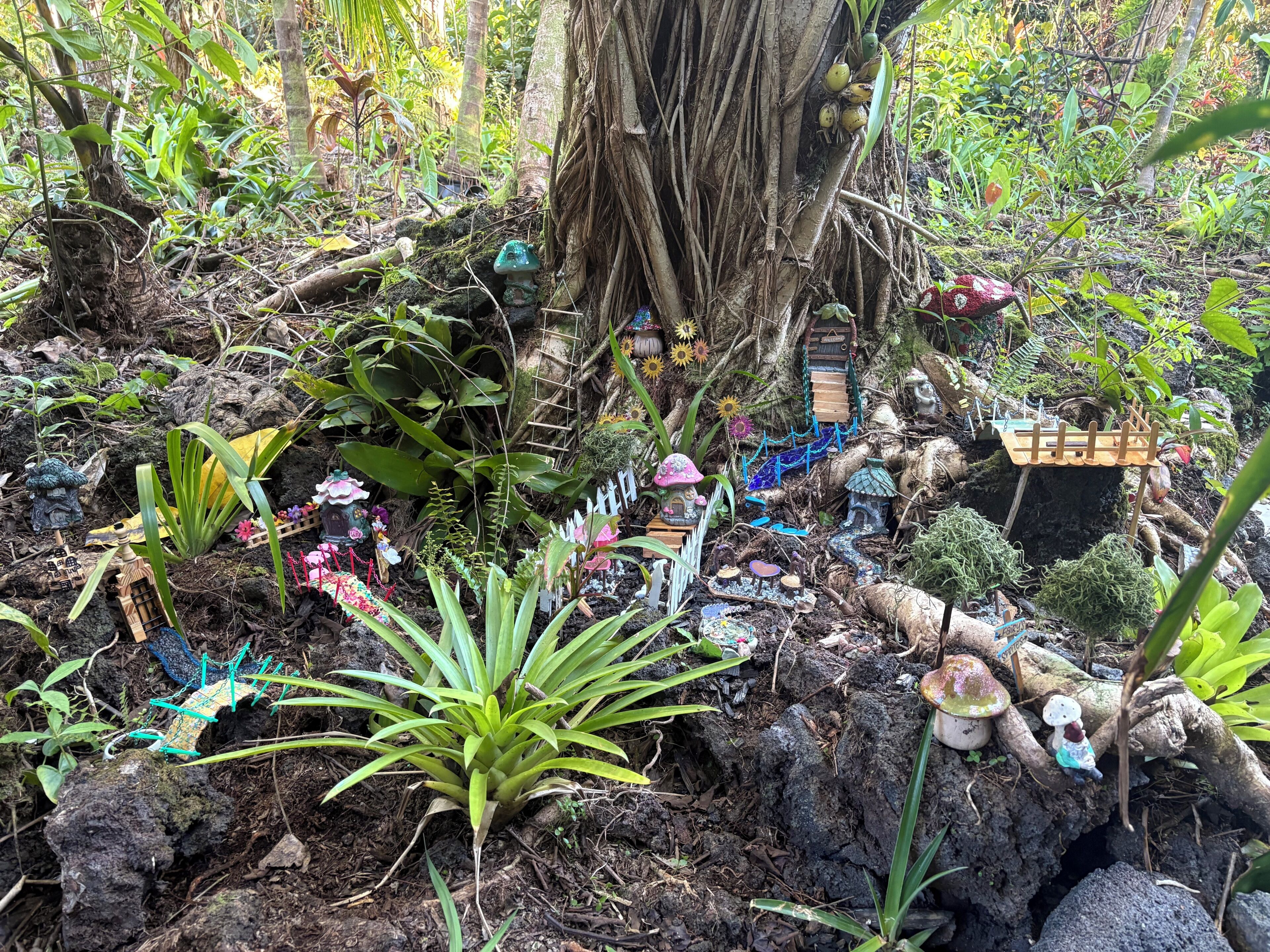 A garden with various plants and decorative elements.