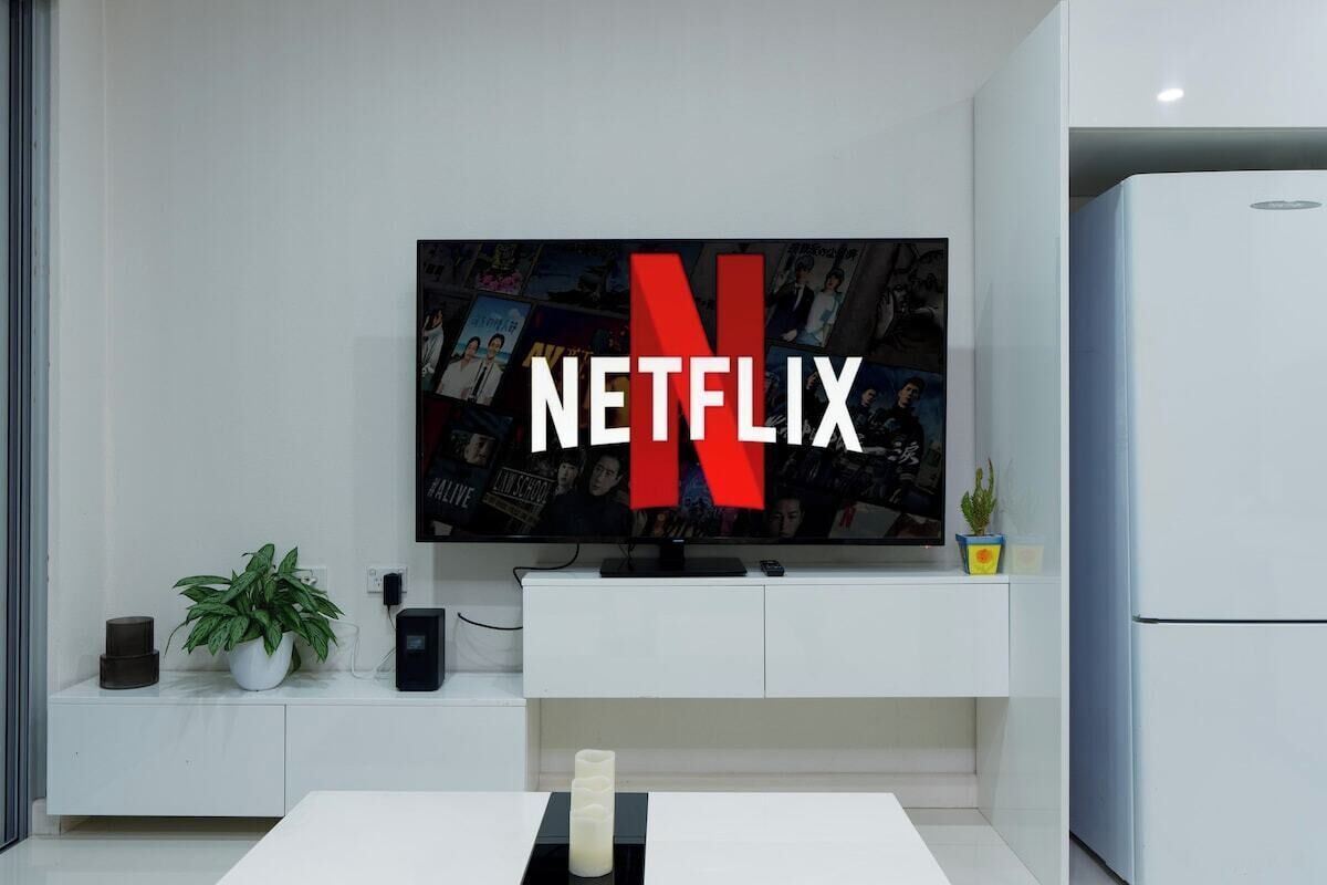 A modern living room with a flat-screen TV displaying the Netflix logo, a white cabinet, a potted plant, and a white refrigerator.
