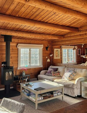 A cozy log cabin interior with a fireplace, a sofa, a coffee table, and a bookshelf. - Traditional cabin among the dunes (Skagen)