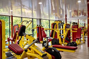 Une salle de sport équipée de divers appareils d’exercice, dotée de grandes fenêtres et offrant une vue sur la verdure environnante.