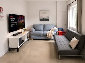 A living room with a grey sofa, a striped sofa, a flat-screen TV, a framed picture, and a window with curtains.