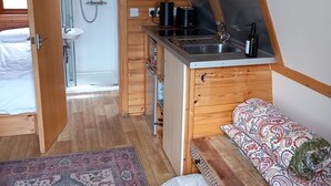 A compact, wooden interior with a kitchenette, a shower, a bed with patterned bedding, and a rug.