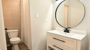 Une salle de bain avec des toilettes, un lavabo avec un miroir et un rideau de douche.