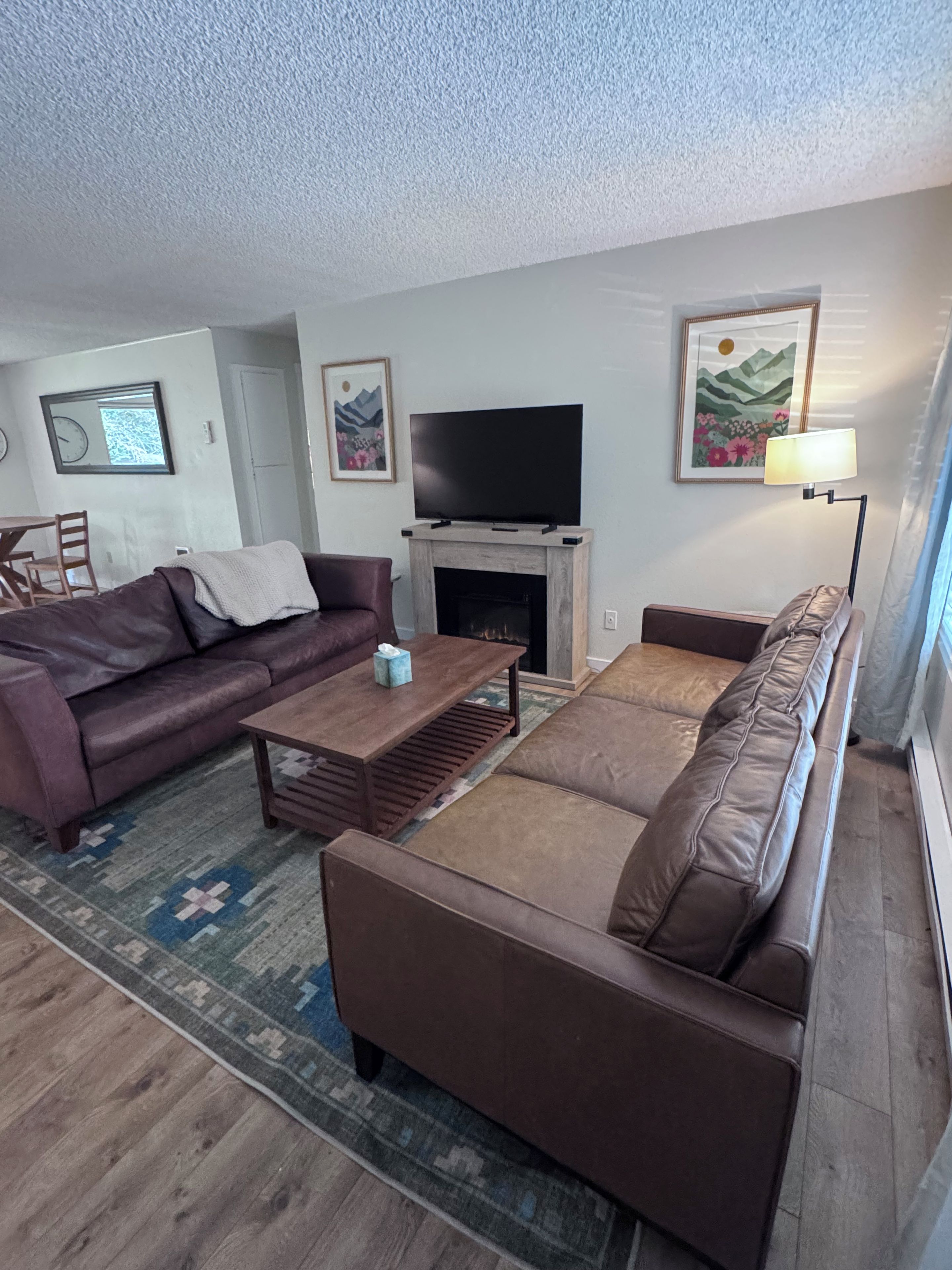 A living room with a fireplace, a television, and two sofas.