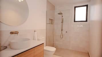 Une salle de bain moderne avec un lavabo rond, des toilettes et une douche à l’italienne.