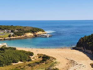 A coastal beach with a pier extending into the water, surrounded by greenery and a clear sky.