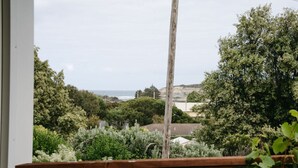 A view from a window overlooking a coastal landscape with trees and a cliff.