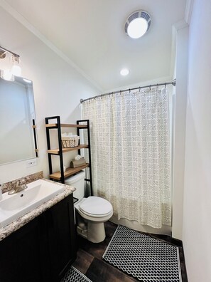 Hair dryer, towels, soap, toilet paper