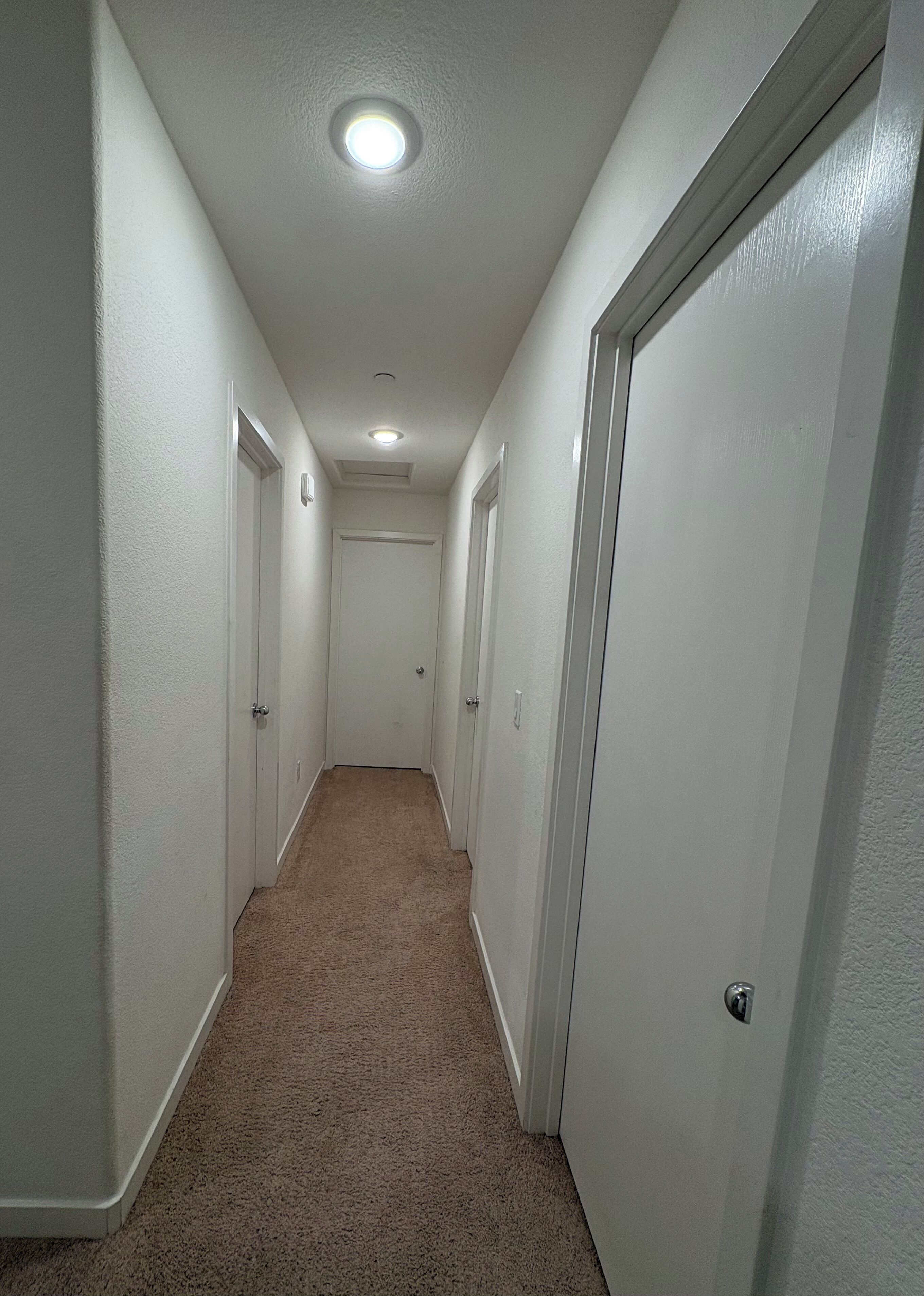 En smal hall med mattbeklädd golv och vita väggar, som leder fram till en dörr i slutet.