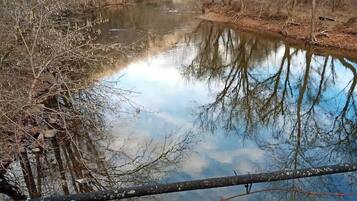 Un río tranquilo con reflejos de árboles y un cielo despejado.