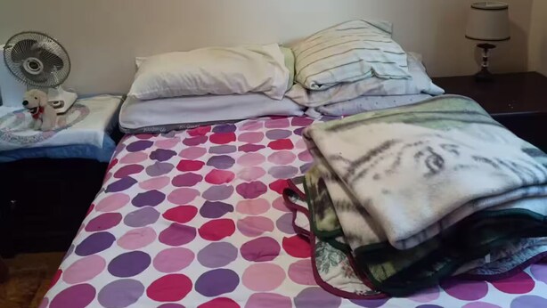 Un dormitorio con una cama, dos almohadas, un ventilador de noche y una mesita de noche con lámpara.