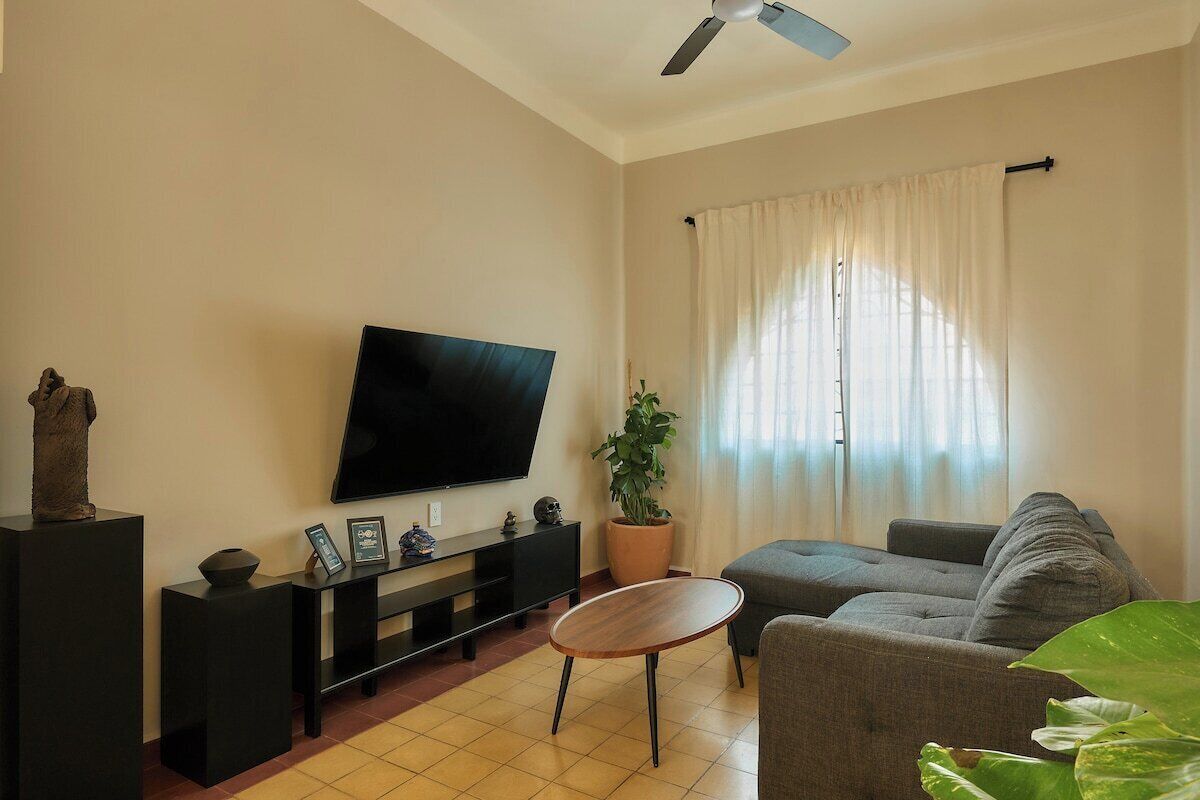 A living room with a flat-screen TV, a sofa, a coffee table, a potted plant, and a ceiling fan.