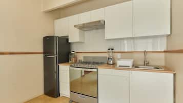 A compact kitchen with a refrigerator, stove, and sink.