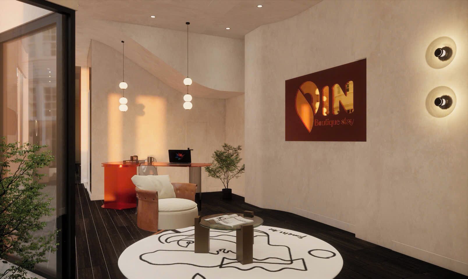 Un intérieur moderne comprenant un comptoir d’accueil, un espace détente et un panneau fixé au mur.