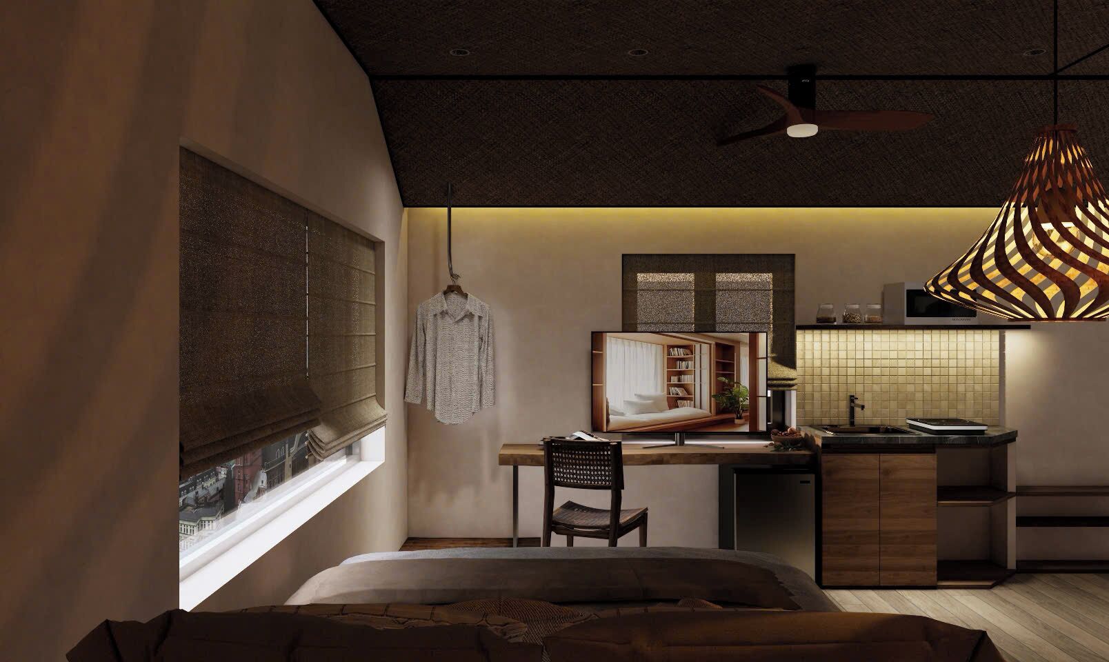 Une chambre moderne avec un lit, un bureau et une chaise. Une fenêtre offre une vue sur les bâtiments à l’extérieur.