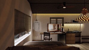 A modern bedroom with a bed, a desk, and a chair. There is a window with a view of buildings outside. - PIN GEM Boutique (Ho Chi Minh City)