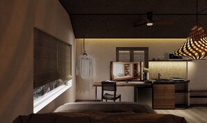 A modern bedroom with a bed, a desk, and a chair. There is a window with a view of buildings outside. - PIN GEM Boutique (Ho Chi Minh City)