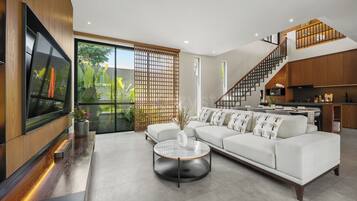 Villa, 3 Bedrooms, Pool View | Living area | 60-inch Smart TV with cable channels, Netflix, streaming services