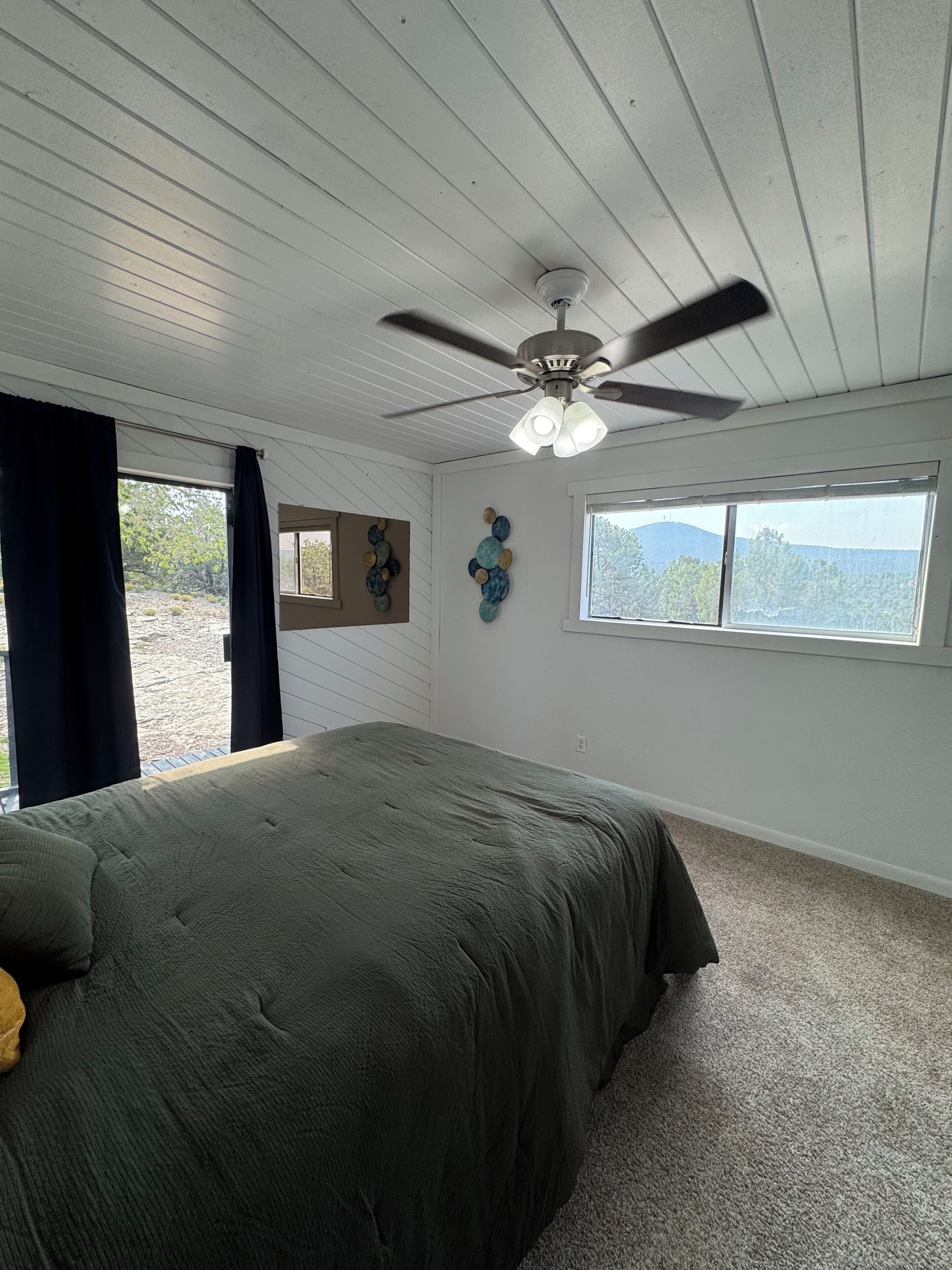Un dormitorio con cama, ventilador de techo, ventana con vistas y una puerta.