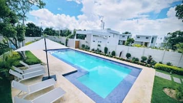 Outdoor pool, sun loungers