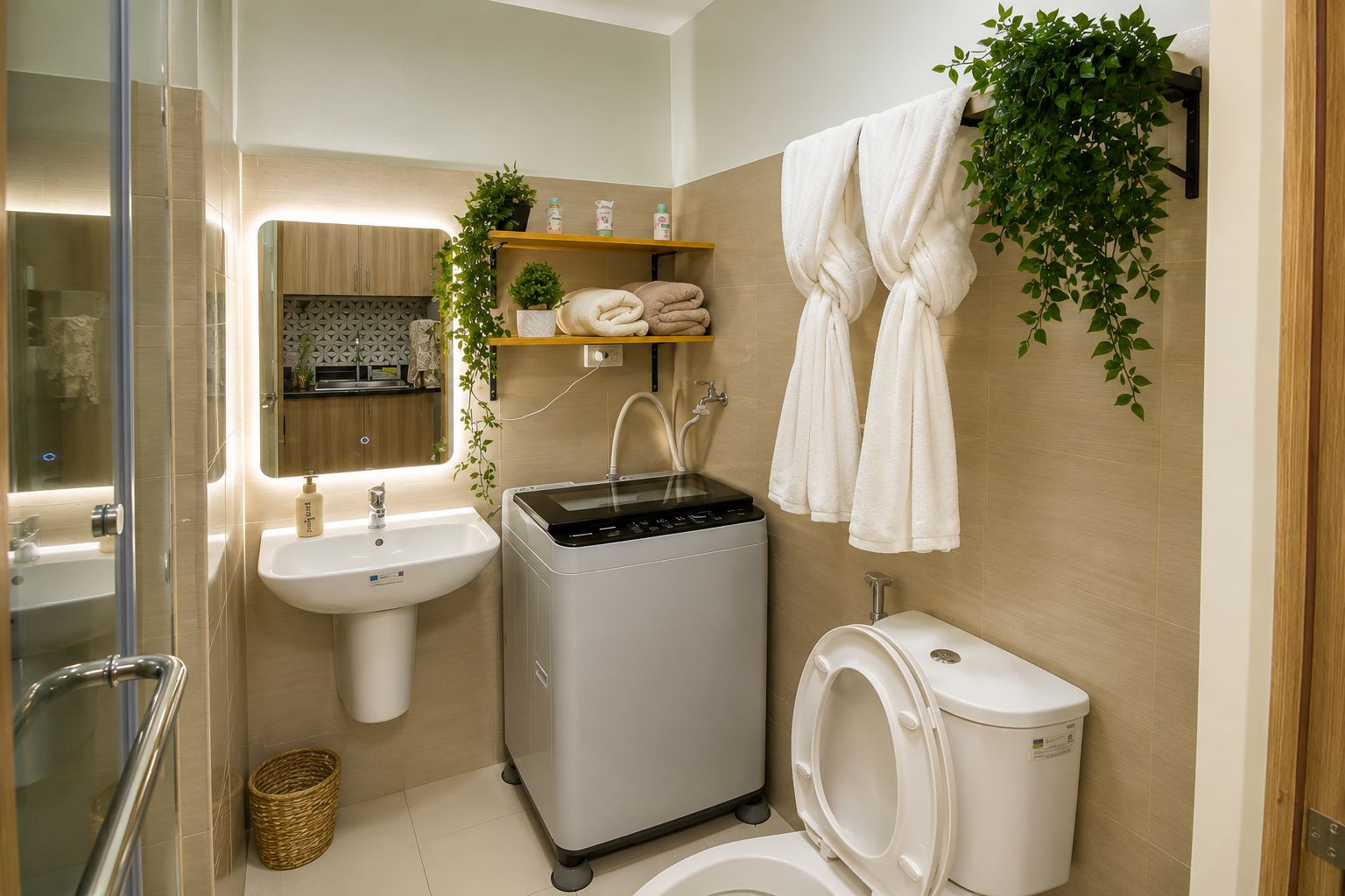 A compact bathroom with a sink, washing machine, toilet, and a mirror.