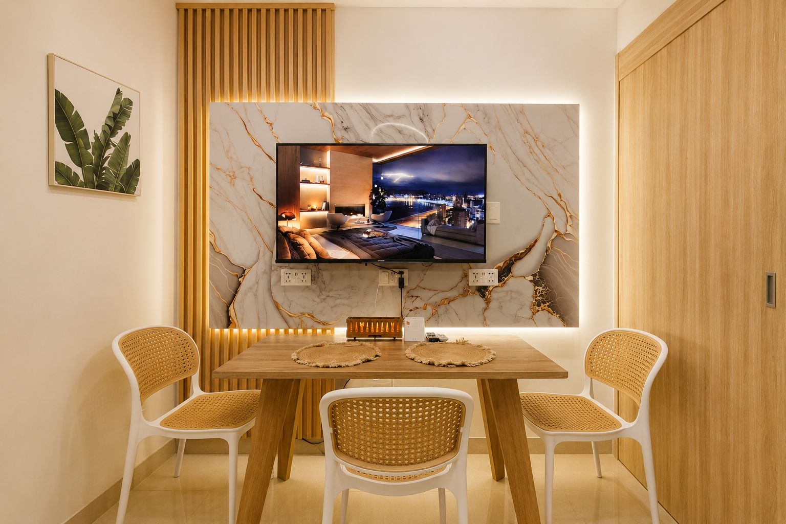 A modern dining area with a TV mounted on a marble wall, wooden furniture, and two wicker chairs.