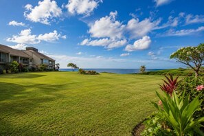A well-maintained lawn with a building and a view of the ocean. - Hale Puka La, Luxury Oceanview for 8, Beach Access (Princeville)