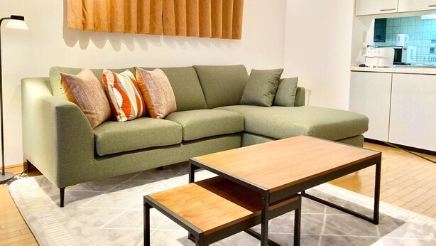 A modern living room with a green sofa, a wooden coffee table, and a patterned rug. - Neo Universal 04 (Osaka, Konohana, Nishikujo)