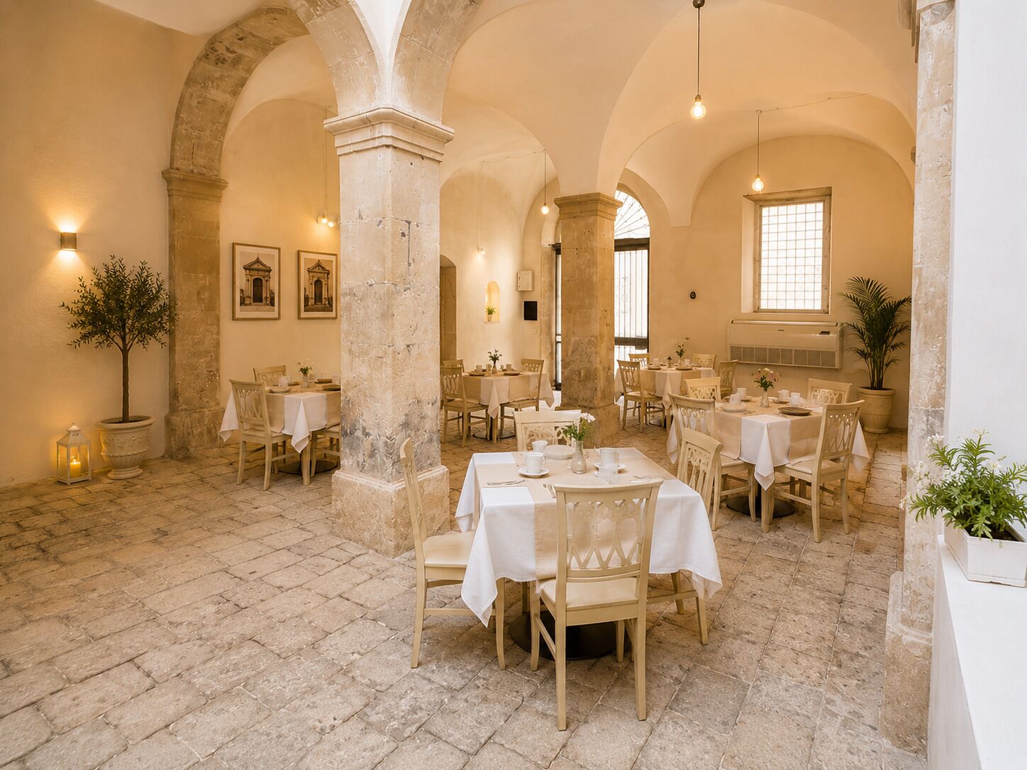Un comedor interior con suelo de piedra, mesas con manteles blancos y sillas.