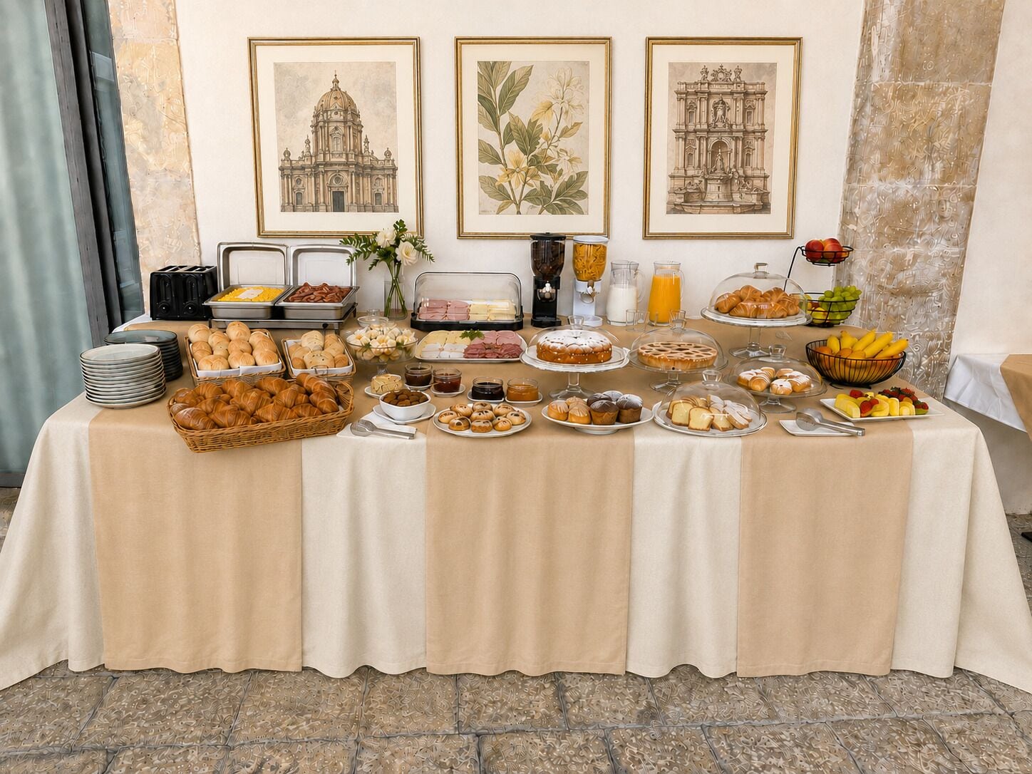 A breakfast buffet with various food items and a coffee station.