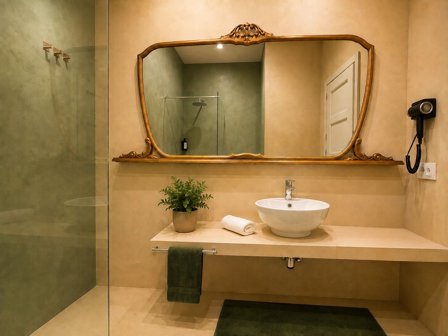A bathroom with a large mirror, a sink, a towel rack, a potted plant, and a hairdryer.