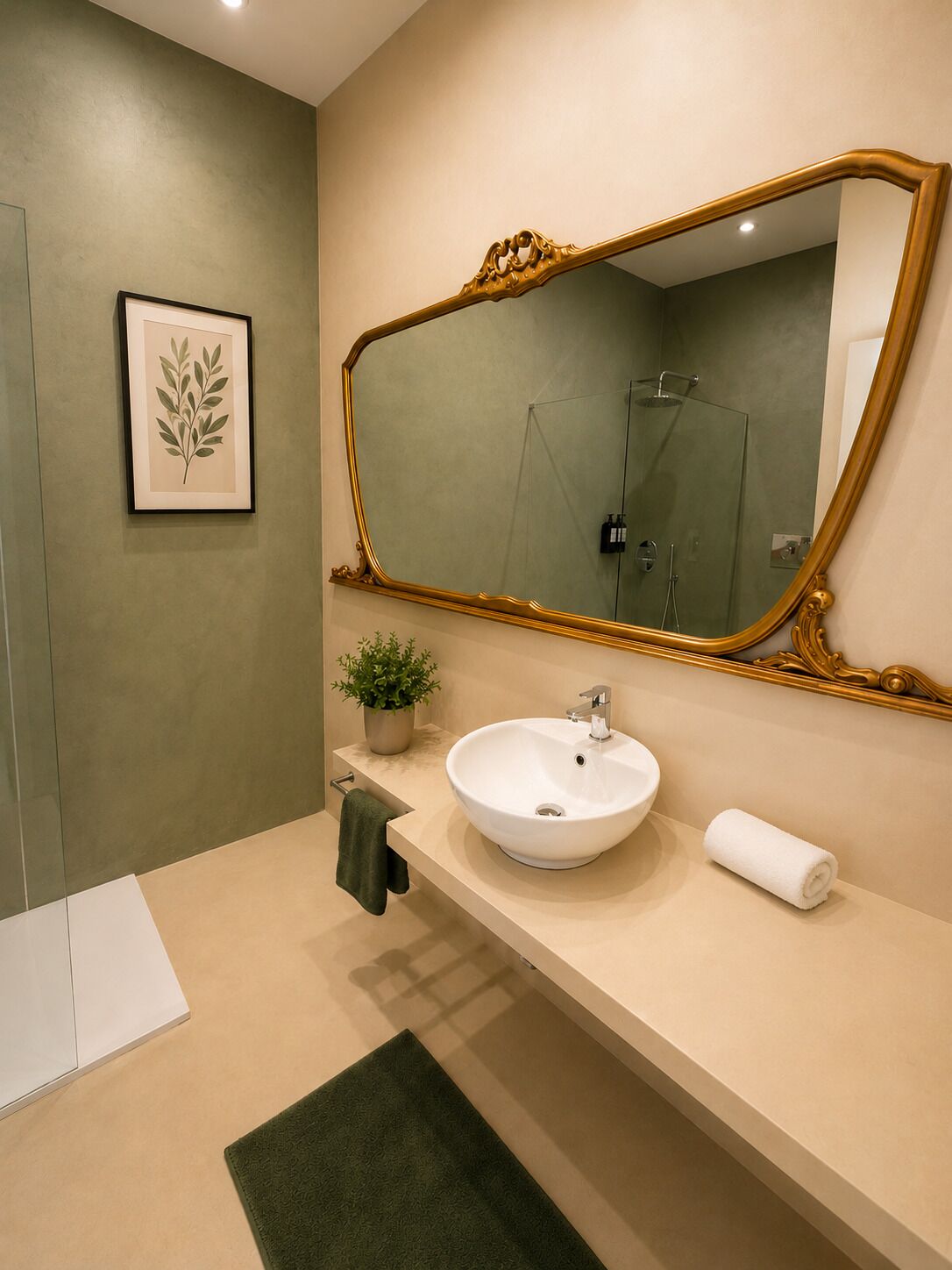 Un baño moderno con un espejo grande, un lavamanos blanco y una planta verde.