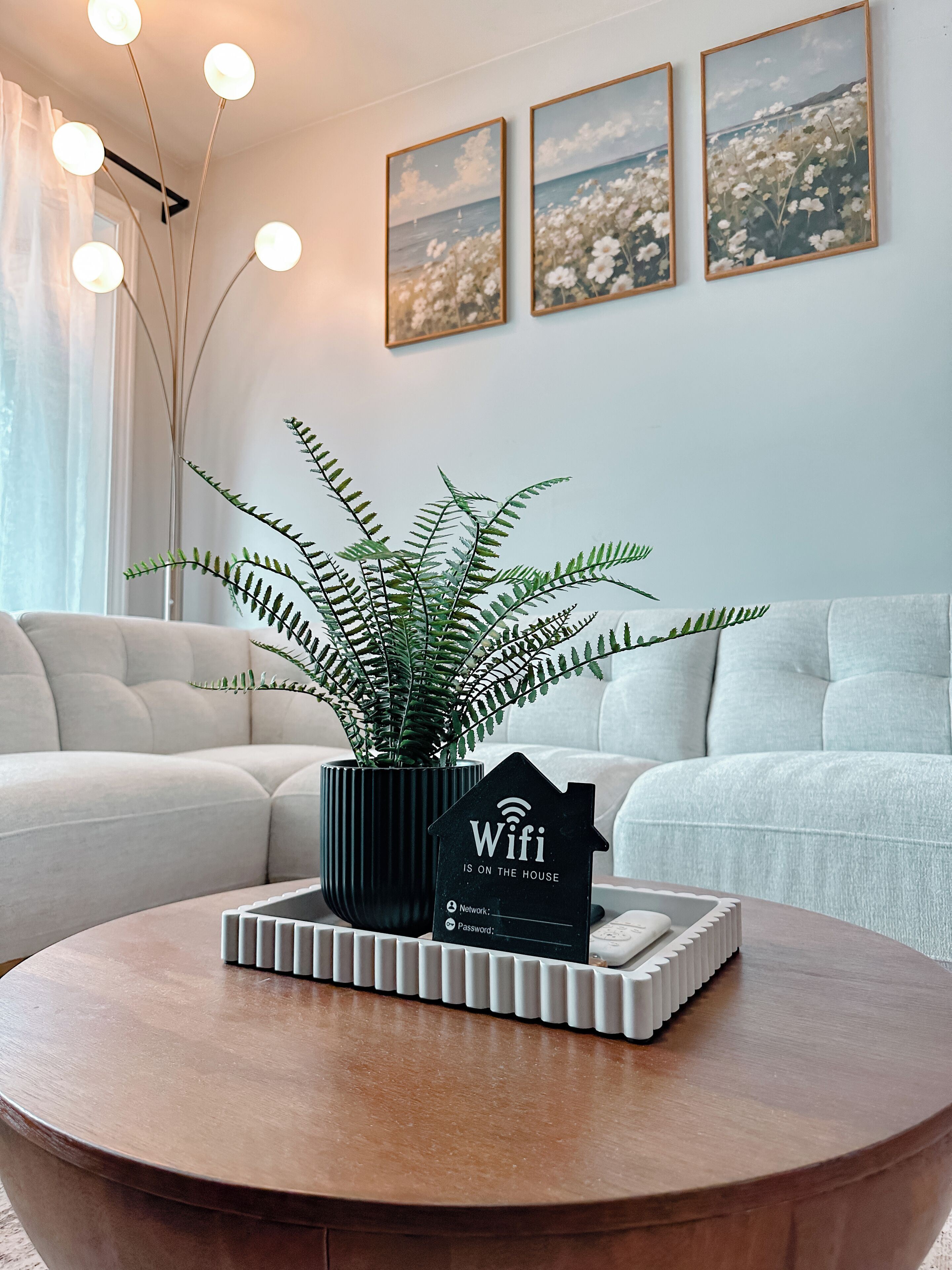 Un salon moderne avec une table basse ronde, une fougère en pot, un panneau indiquant la disponibilité du Wi-Fi et un canapé.