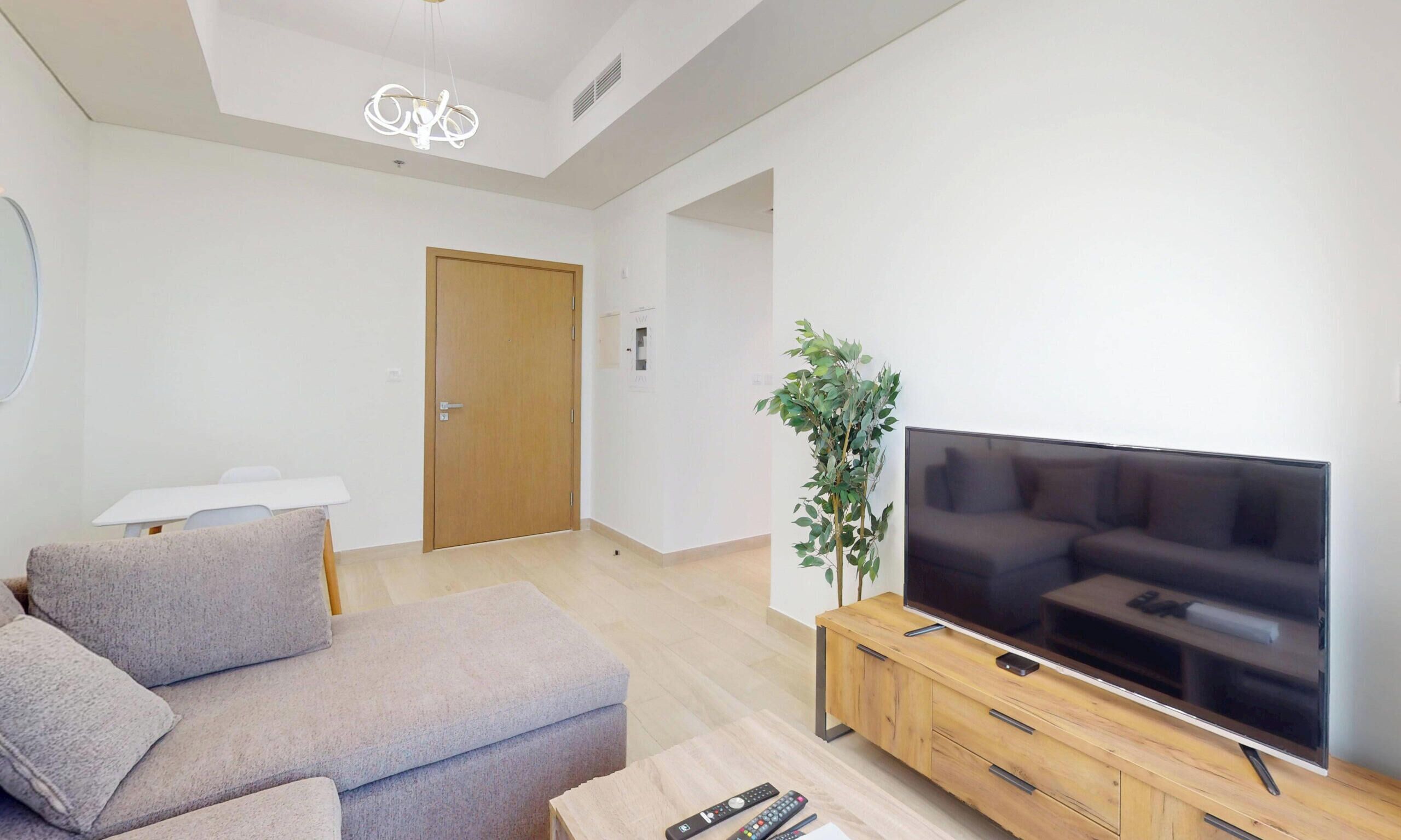 A modern living room with a sofa, a TV on a wooden stand, a plant, and a door in the background.