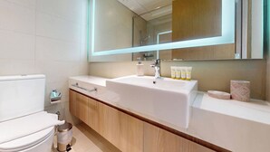 Une salle de bain moderne avec un grand lavabo, des toilettes et un miroir.