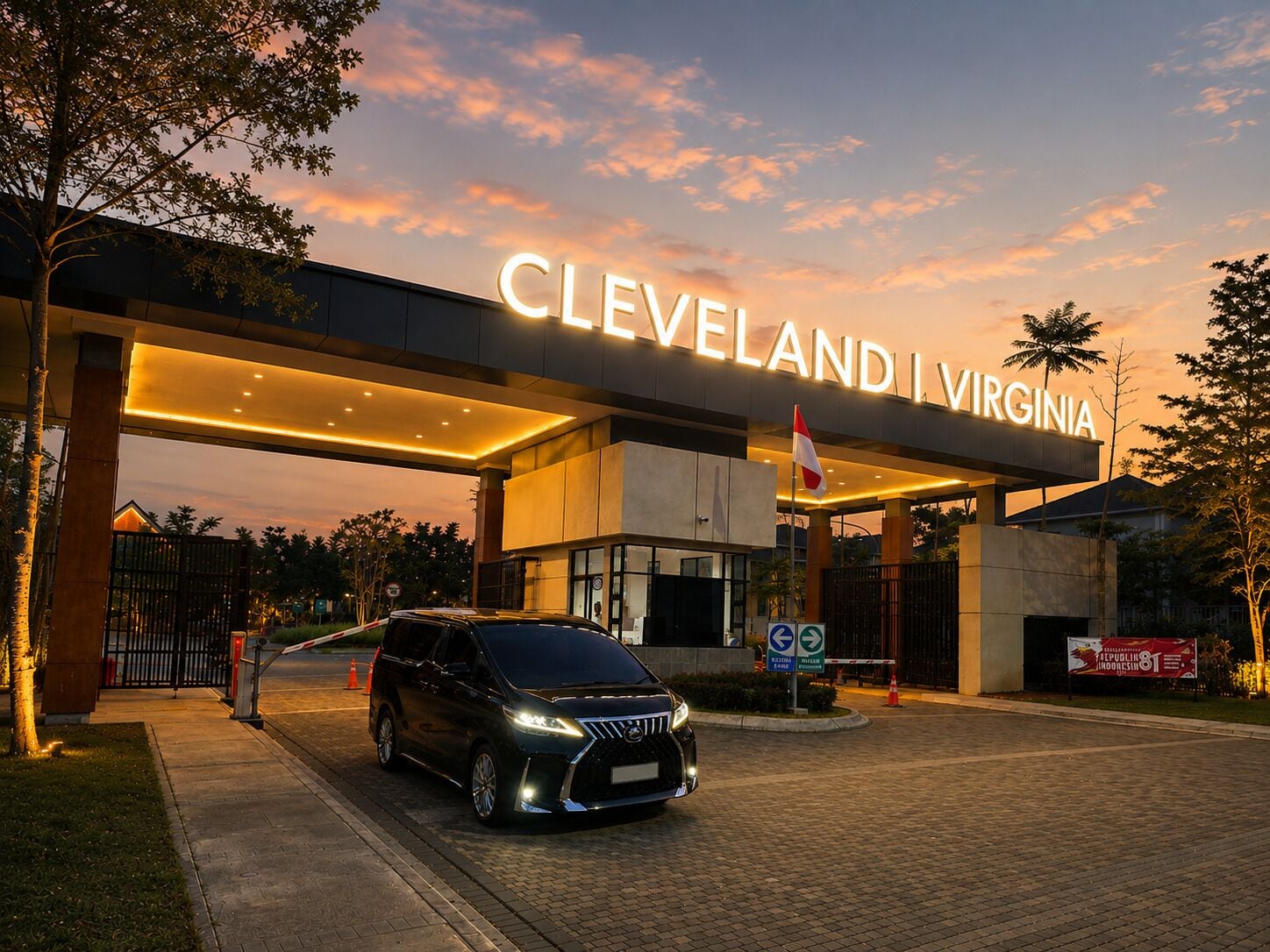 Un edificio moderno con un letrero iluminado grande que dice 'CLEVELAND VIRGINIA'.