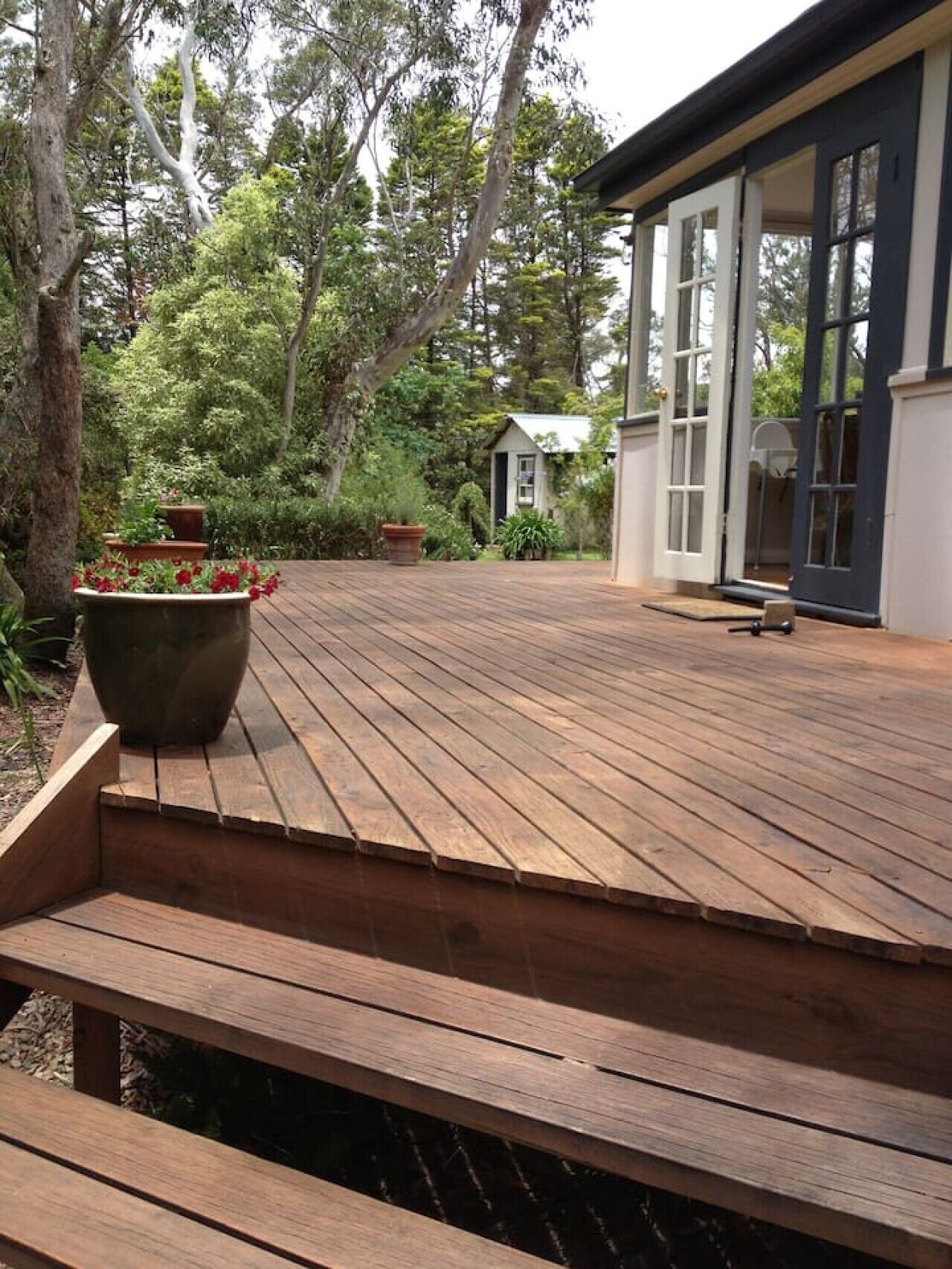 Una terraza de madera con un banco, rodeada de exuberante follaje y un pequeño edificio con ventanas amplias.