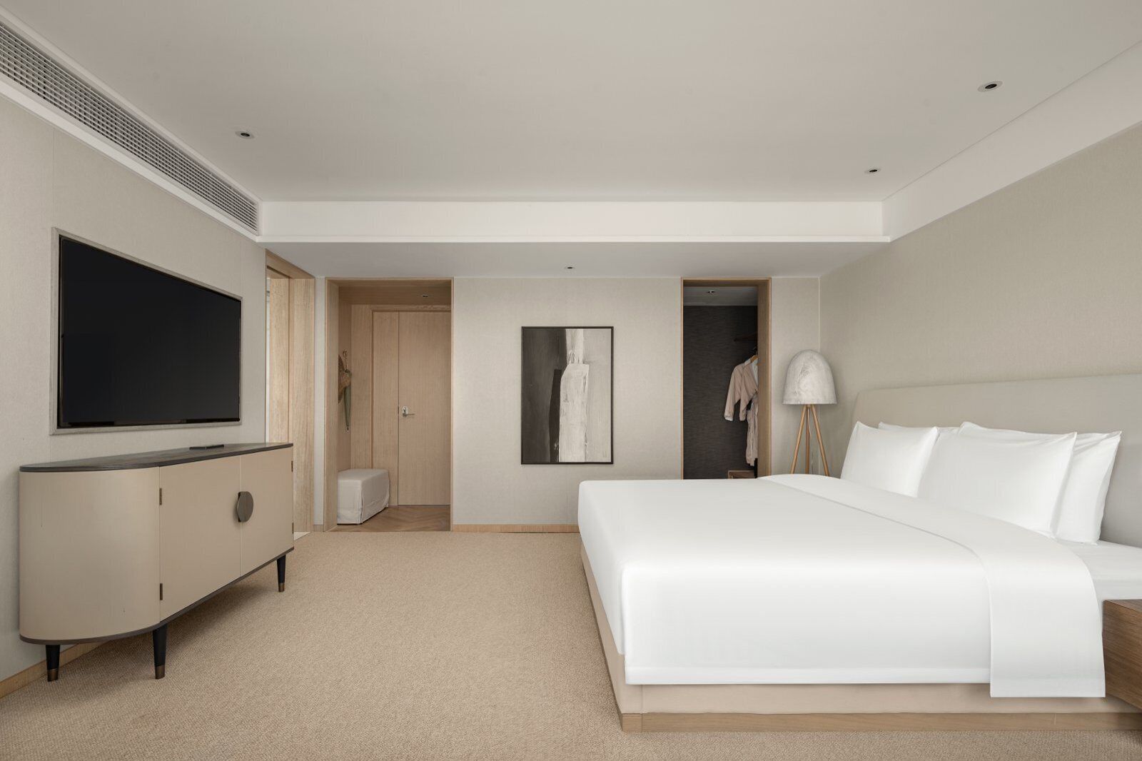 Habitación de hotel moderna con una cama grande, un televisor de pantalla plana, un armario y un cuadro en la pared.
