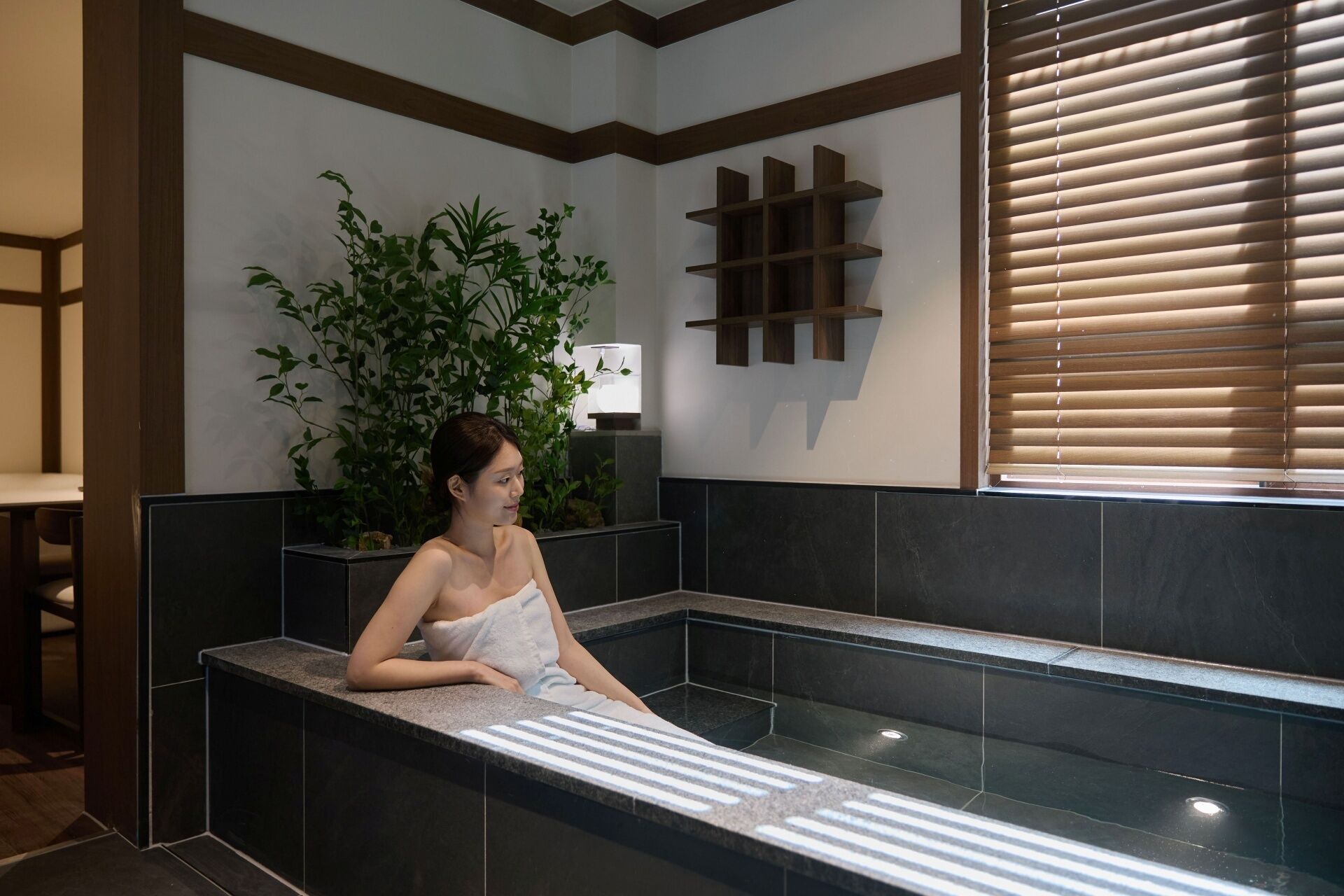 Un área de spa con una zona de estar, una planta en maceta y un estante de pared.