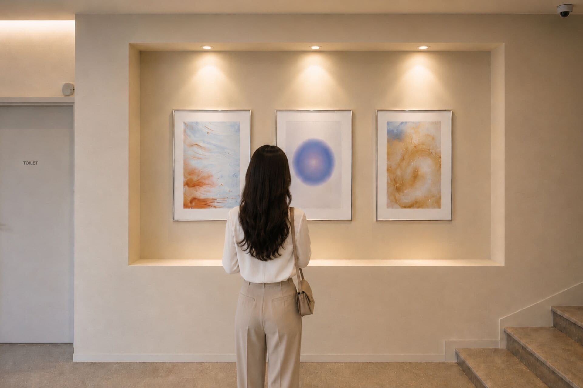 A person viewing abstract art in a hallway with a staircase.