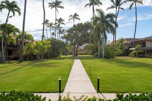 A pathway leading through a well-maintained lawn with palm trees and a building in the background. - Garden View Condo Just Steps from the Ocean -Maui Sands Seaside 717 (Lahaina)