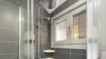 Un box de ducha moderno con puerta de cristal, ducha de mano y rociador manual.