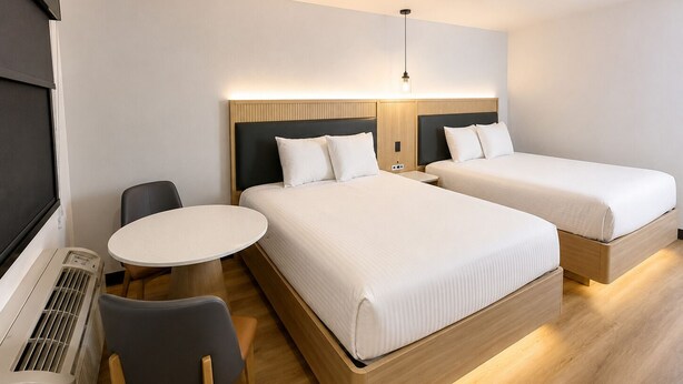 A hotel room with two beds, a desk, a chair, and a small table.