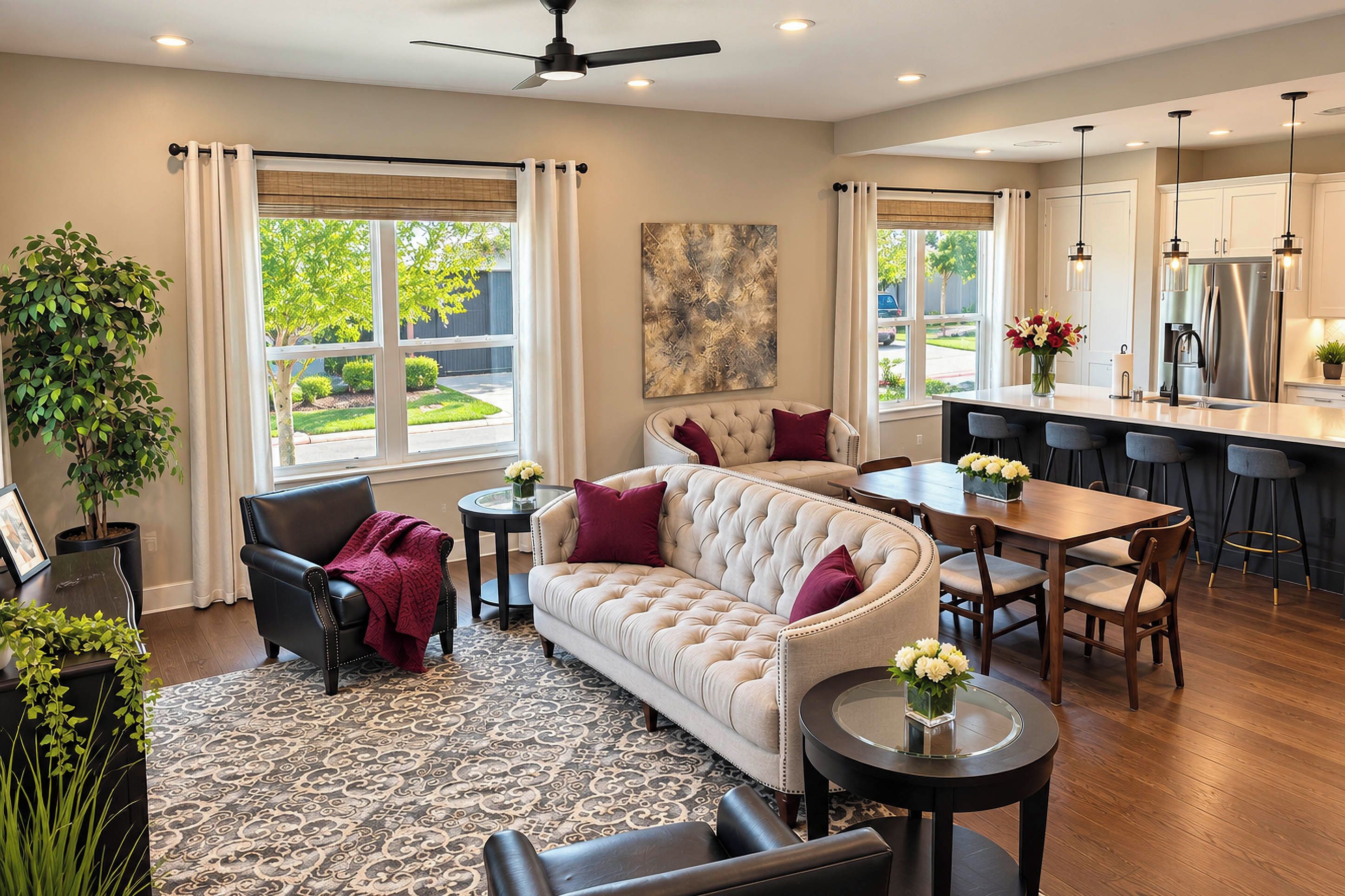 A modern living room with a sofa, chairs, a coffee table, and a dining area with a kitchen in the background.