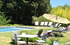 A poolside area with lounge chairs and an umbrella, surrounded by greenery and trees.