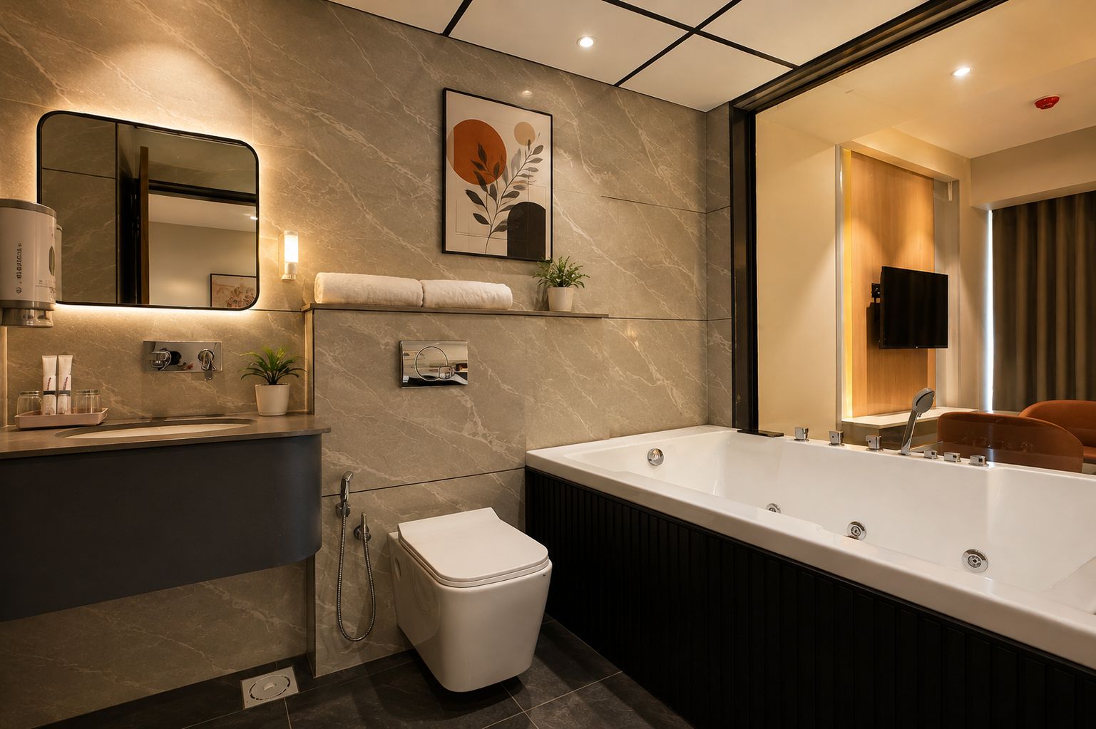 A modern bathroom with a large bathtub, a toilet, a sink with a mirror, and a towel rack.