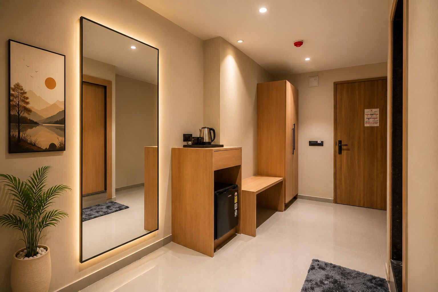 Une chambre d’hôtel avec un grand miroir, une armoire en bois, une petite table avec une bouilloire, une plante en pot et une porte avec une pancarte.